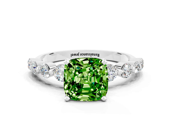 Platinum Cushion Cut Solitaire Peridot Ring with Pave Band and Four-Prong Setting