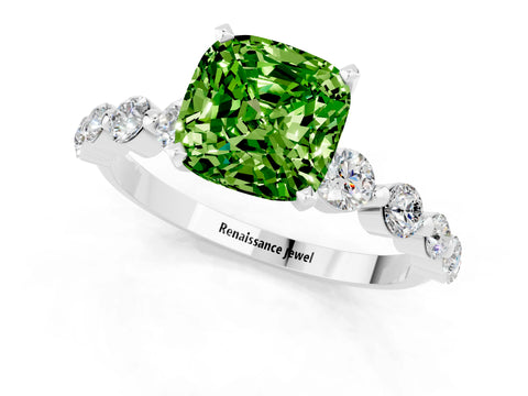 White gold Cushion Cut Solitaire Peridot Ring with Pave Band and Four-Prong Setting_1