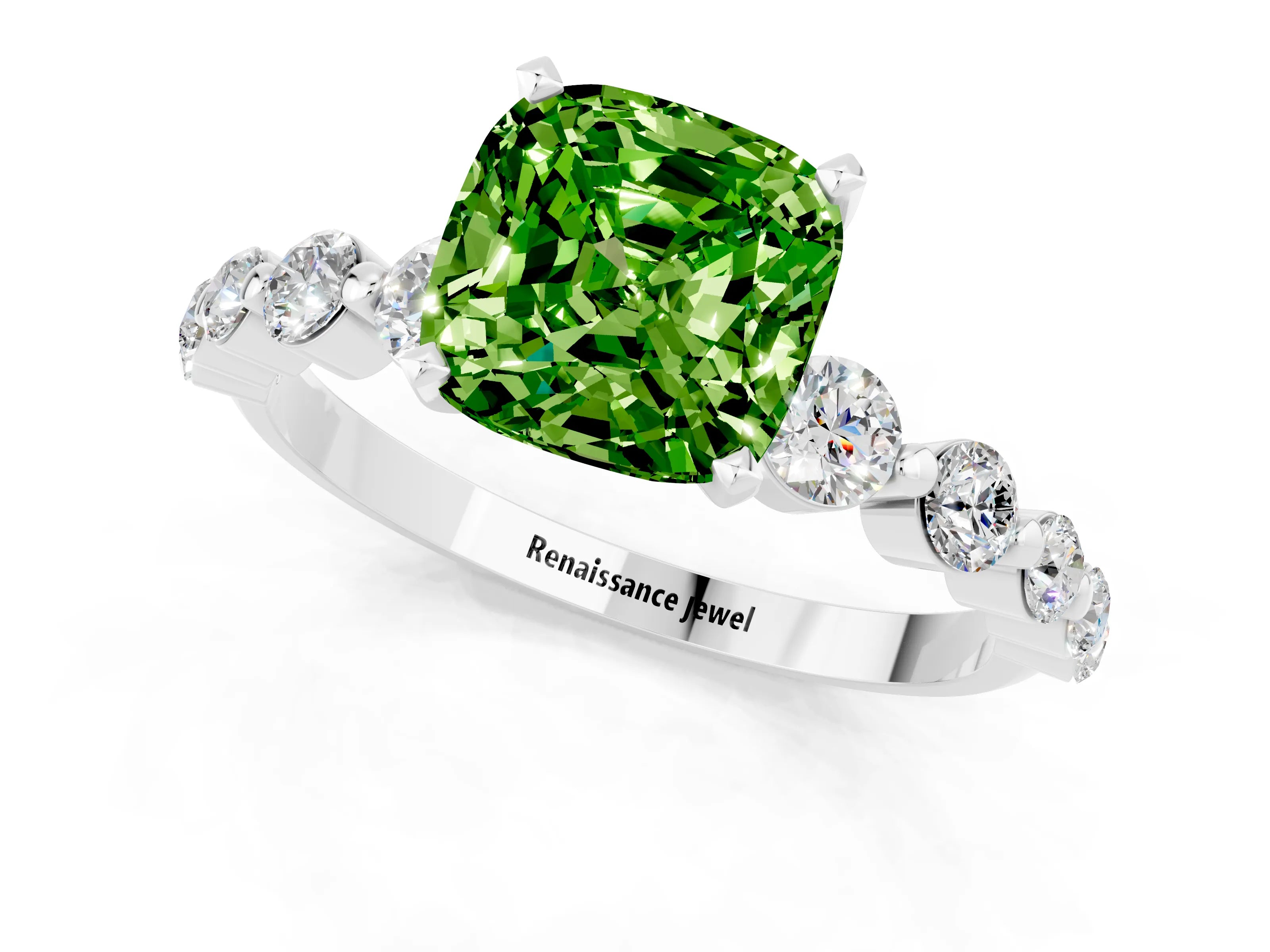 White gold Cushion Cut Solitaire Peridot Ring with Pave Band and Four-Prong Setting_1