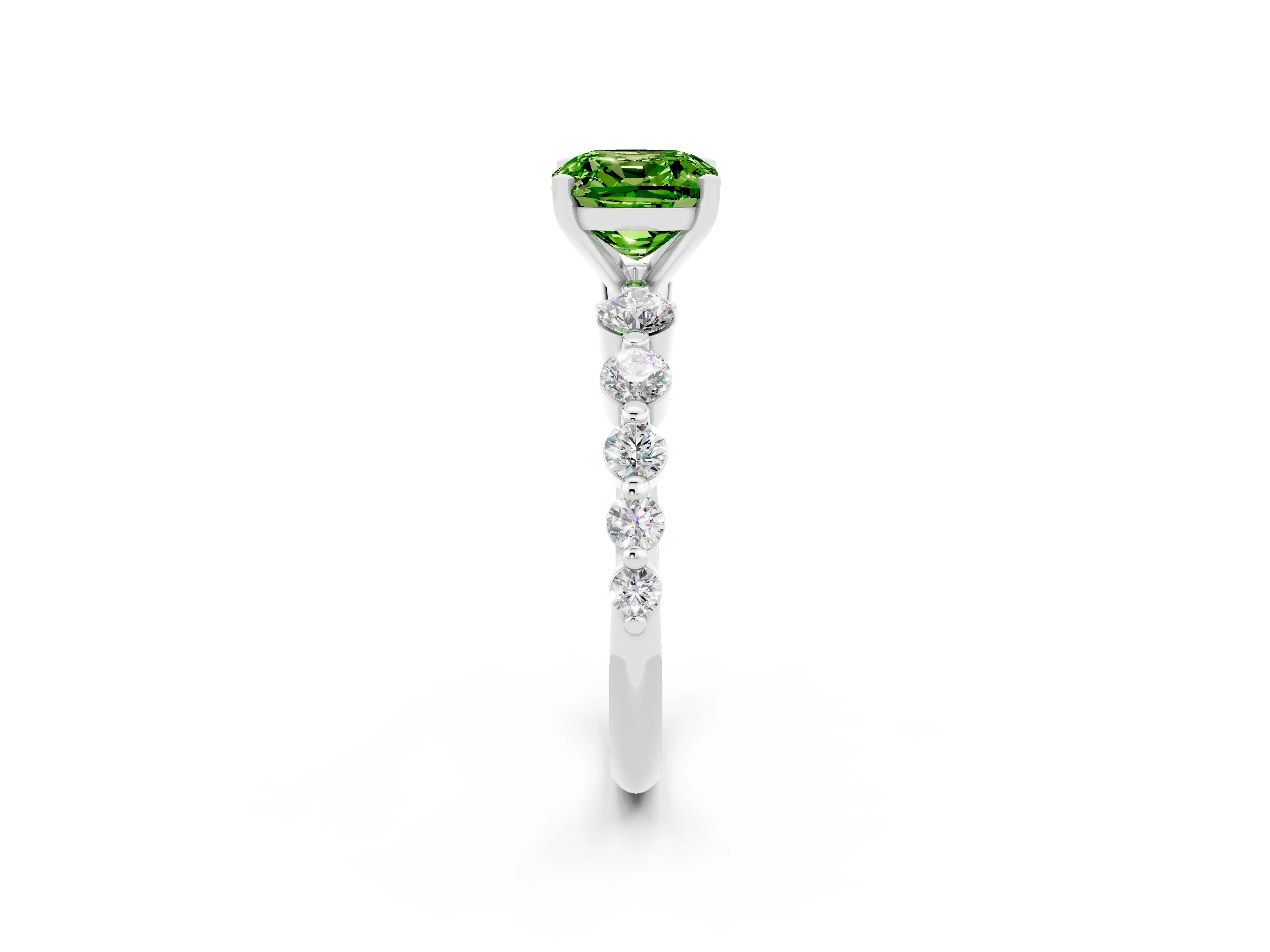 White gold Cushion Cut Solitaire Peridot Ring with Pave Band and Four-Prong Setting_2