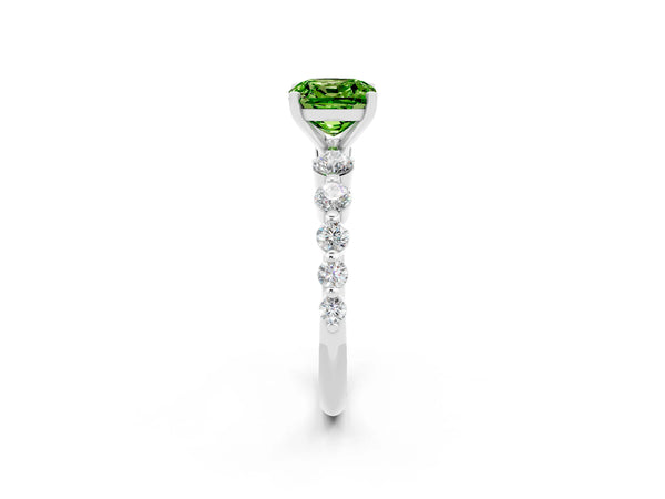 Platinum Cushion Cut Solitaire Peridot Ring with Pave Band and Four-Prong Setting