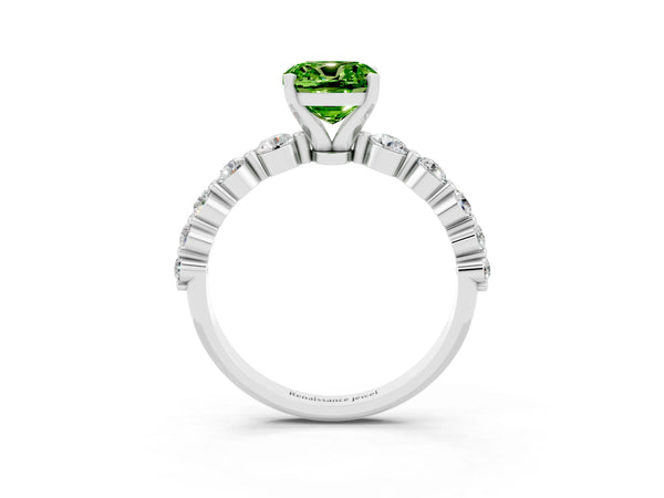 Platinum Cushion Cut Solitaire Peridot Ring with Pave Band and Four-Prong Setting