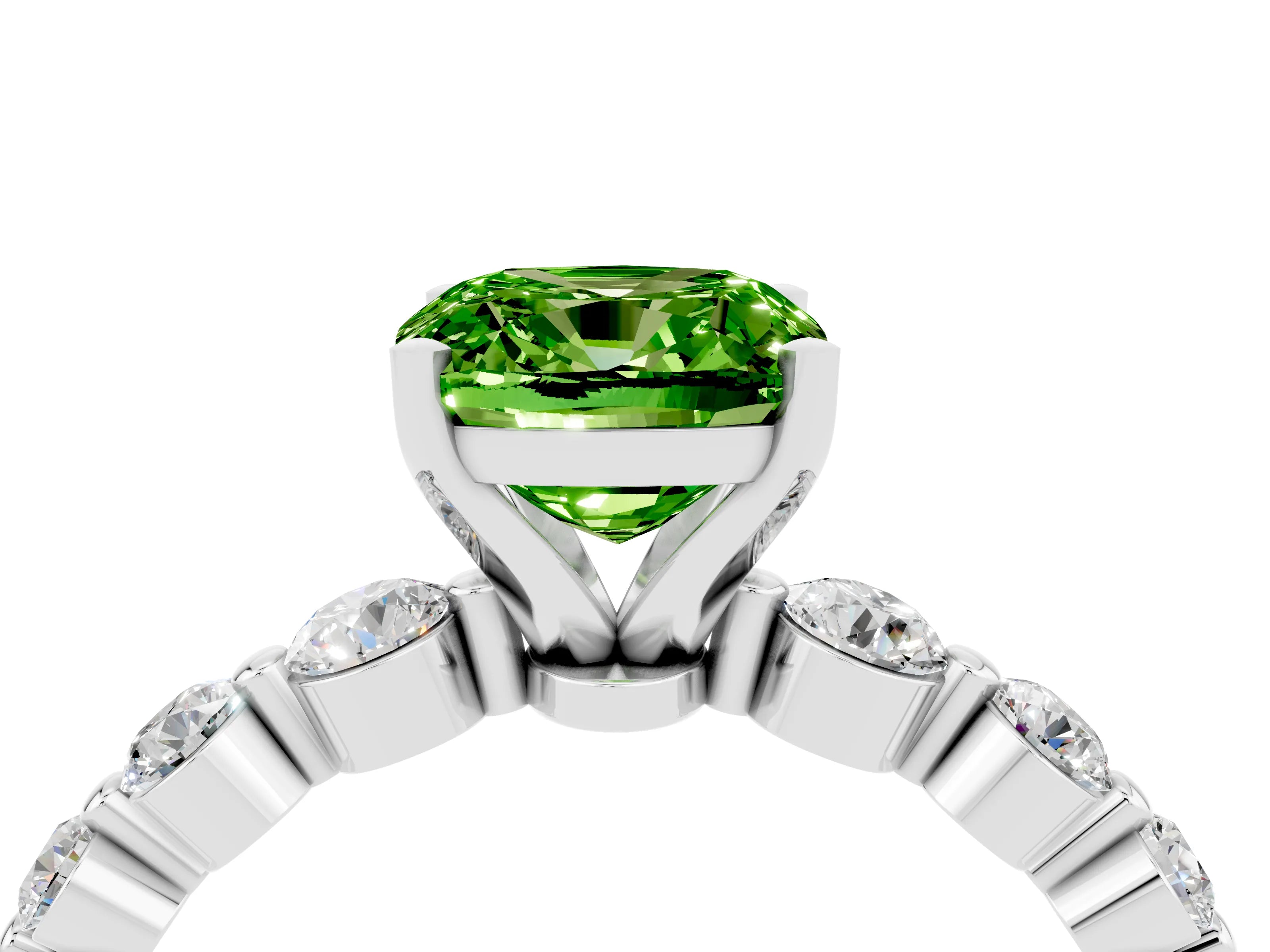 White gold Cushion Cut Solitaire Peridot Ring with Pave Band and Four-Prong Setting_4