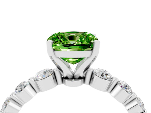 White gold Cushion Cut Solitaire Peridot Ring with Pave Band and Four-Prong Setting_4