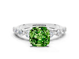 White gold Cushion Cut Solitaire Peridot Ring with Pave Band and Four-Prong Setting