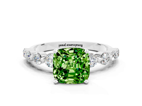 White gold Cushion Cut Solitaire Peridot Ring with Pave Band and Four-Prong Setting