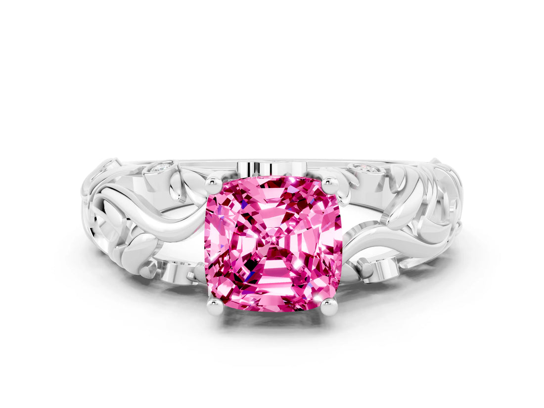White gold Cushion Cut Solitaire Pink Sapphire Leaf-Inspired Vine Band Ring with Prong Setting_24