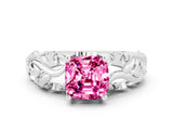 White gold Cushion Cut Solitaire Pink Sapphire Leaf-Inspired Vine Band Ring with Prong Setting_24