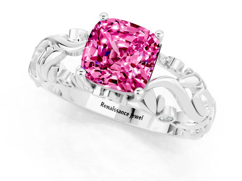 White gold Cushion Cut Solitaire Pink Sapphire Leaf-Inspired Vine Band Ring with Prong Setting_25