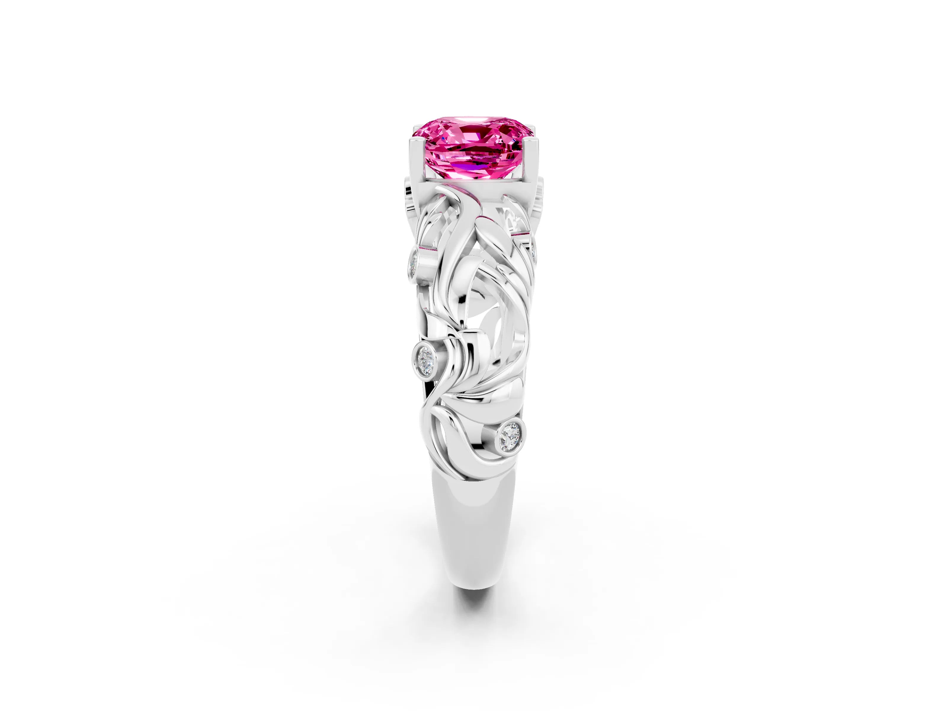 White gold Cushion Cut Solitaire Pink Sapphire Leaf-Inspired Vine Band Ring with Prong Setting_26