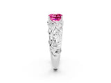 White gold Cushion Cut Solitaire Pink Sapphire Leaf-Inspired Vine Band Ring with Prong Setting_26