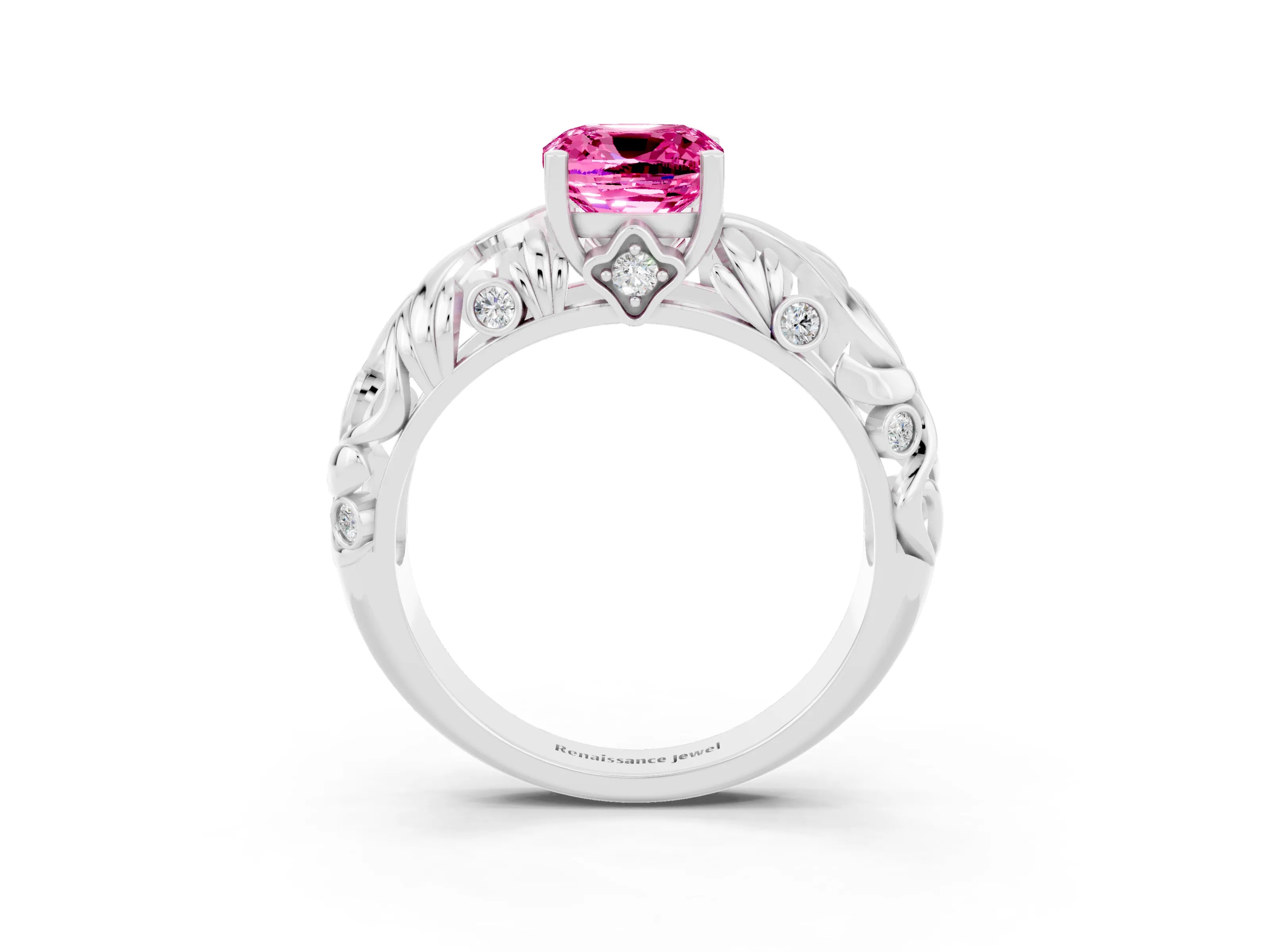White gold Cushion Cut Solitaire Pink Sapphire Leaf-Inspired Vine Band Ring with Prong Setting_27