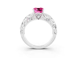 White gold Cushion Cut Solitaire Pink Sapphire Leaf-Inspired Vine Band Ring with Prong Setting_27