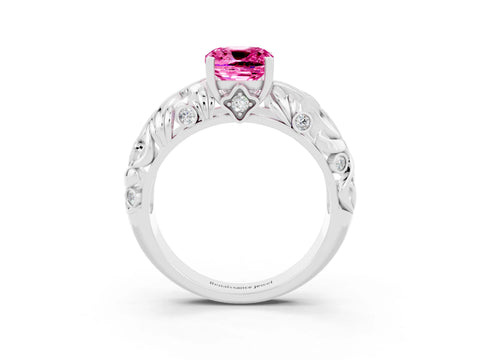 White gold Cushion Cut Solitaire Pink Sapphire Leaf-Inspired Vine Band Ring with Prong Setting_27