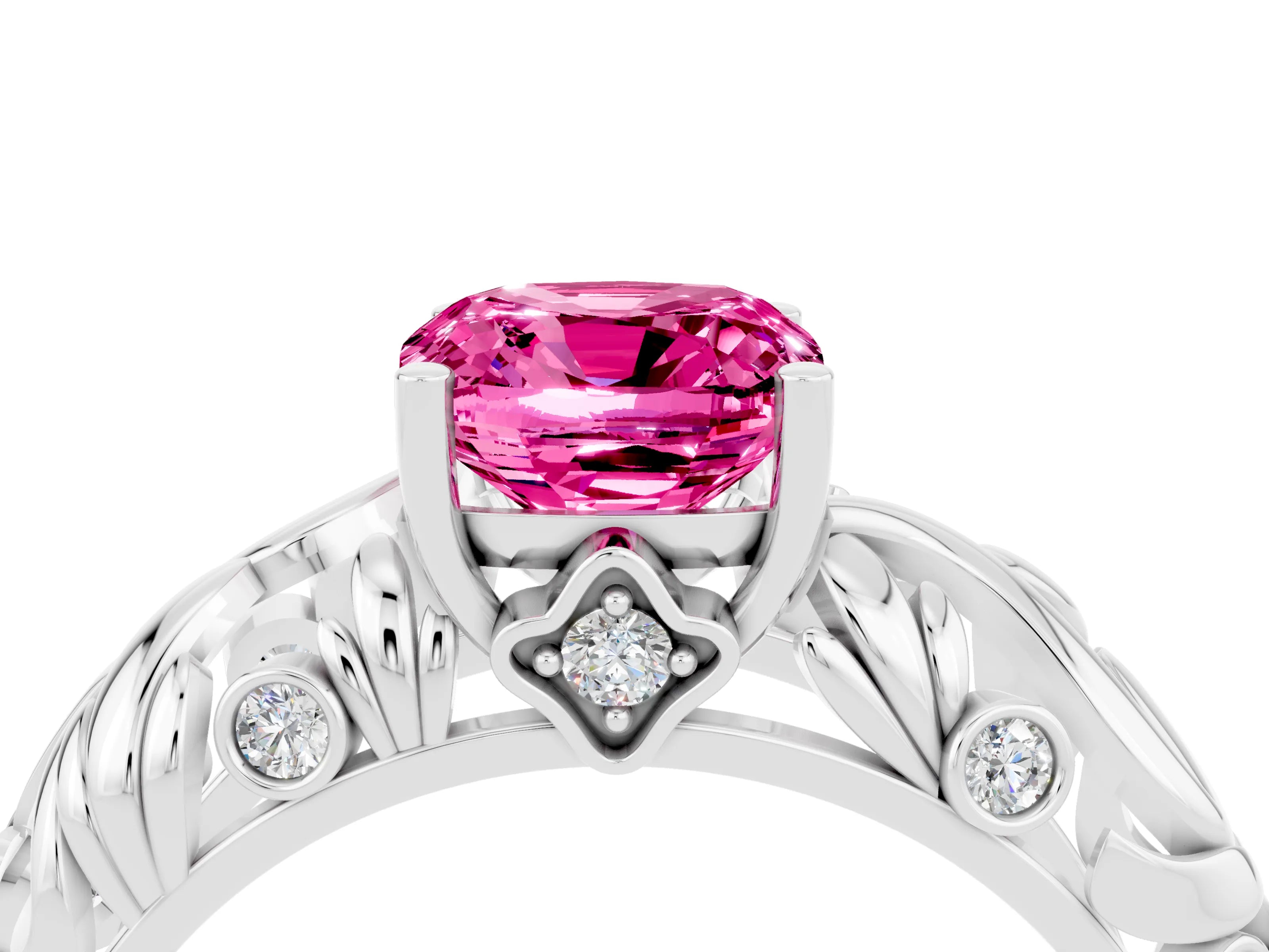 White gold Cushion Cut Solitaire Pink Sapphire Leaf-Inspired Vine Band Ring with Prong Setting_28