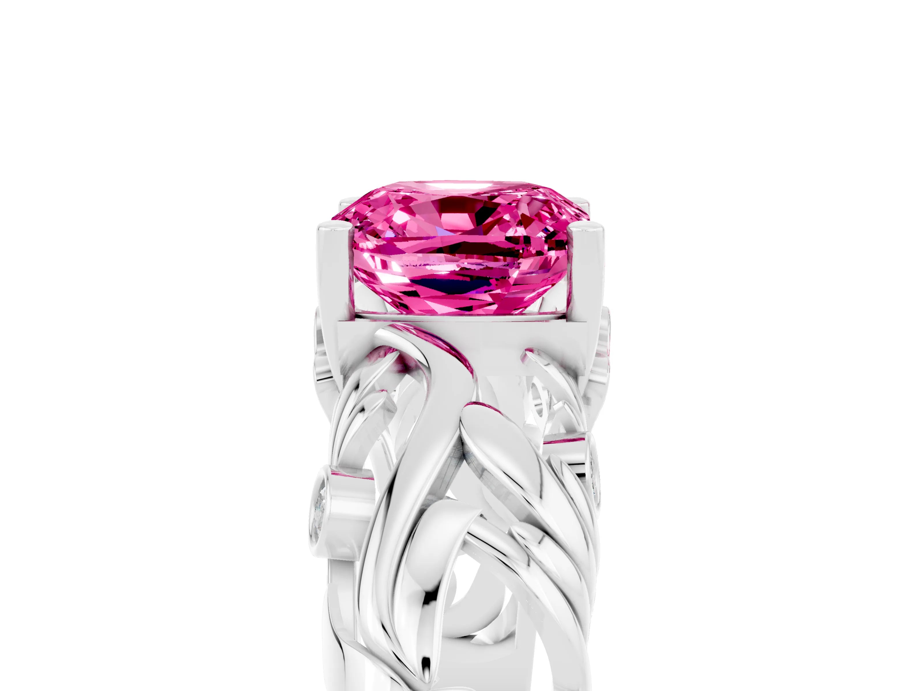 White gold Cushion Cut Solitaire Pink Sapphire Leaf-Inspired Vine Band Ring with Prong Setting_29