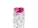 White gold Cushion Cut Solitaire Pink Sapphire Leaf-Inspired Vine Band Ring with Prong Setting_29