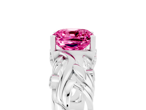 White gold Cushion Cut Solitaire Pink Sapphire Leaf-Inspired Vine Band Ring with Prong Setting_29