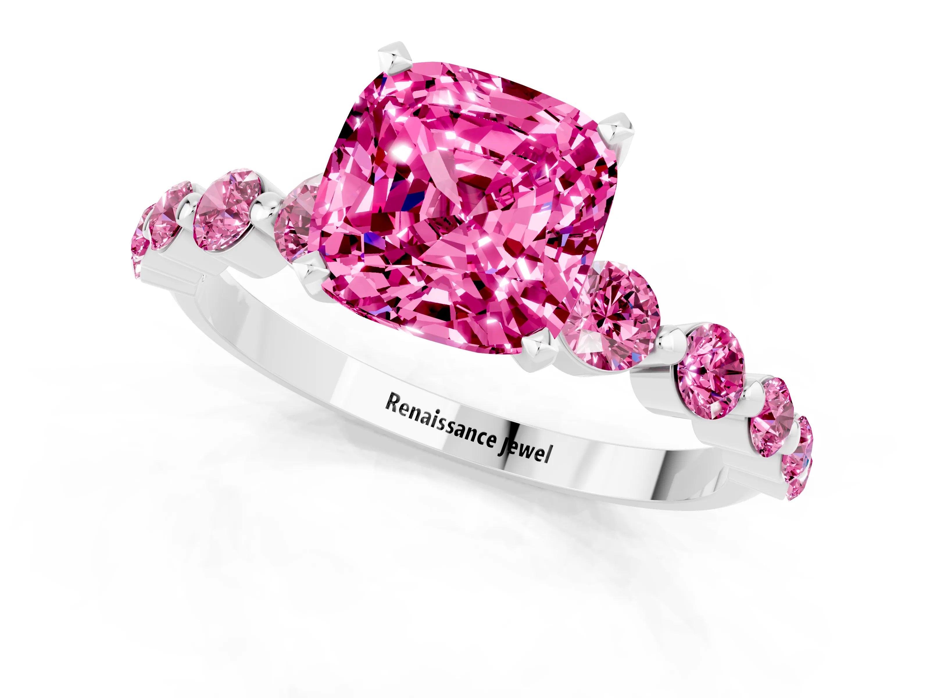 White gold Cushion Cut Solitaire Pink Sapphire Ring with Pave Band and Four-Prong Setting_1