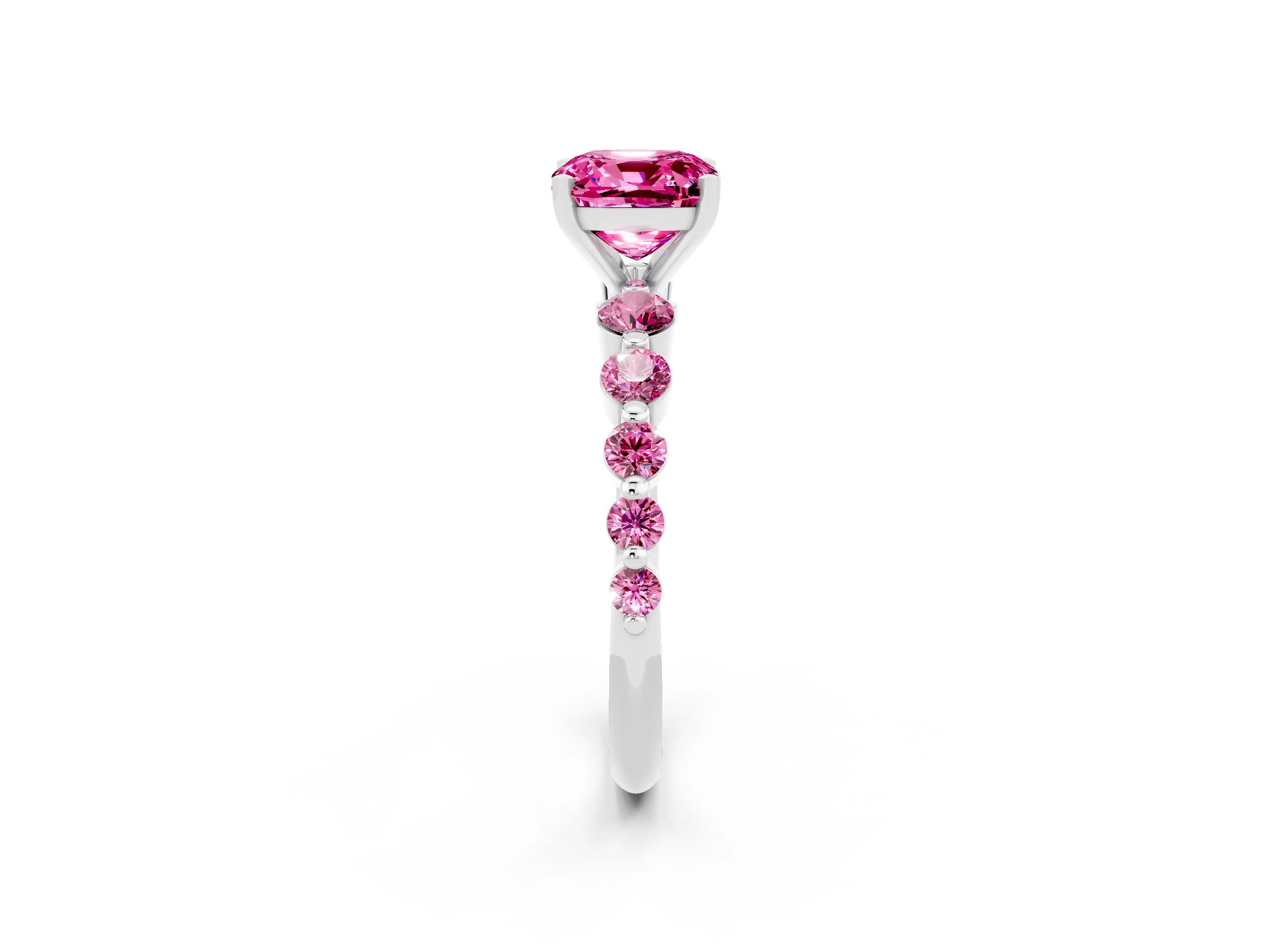 White gold Cushion Cut Solitaire Pink Sapphire Ring with Pave Band and Four-Prong Setting_2