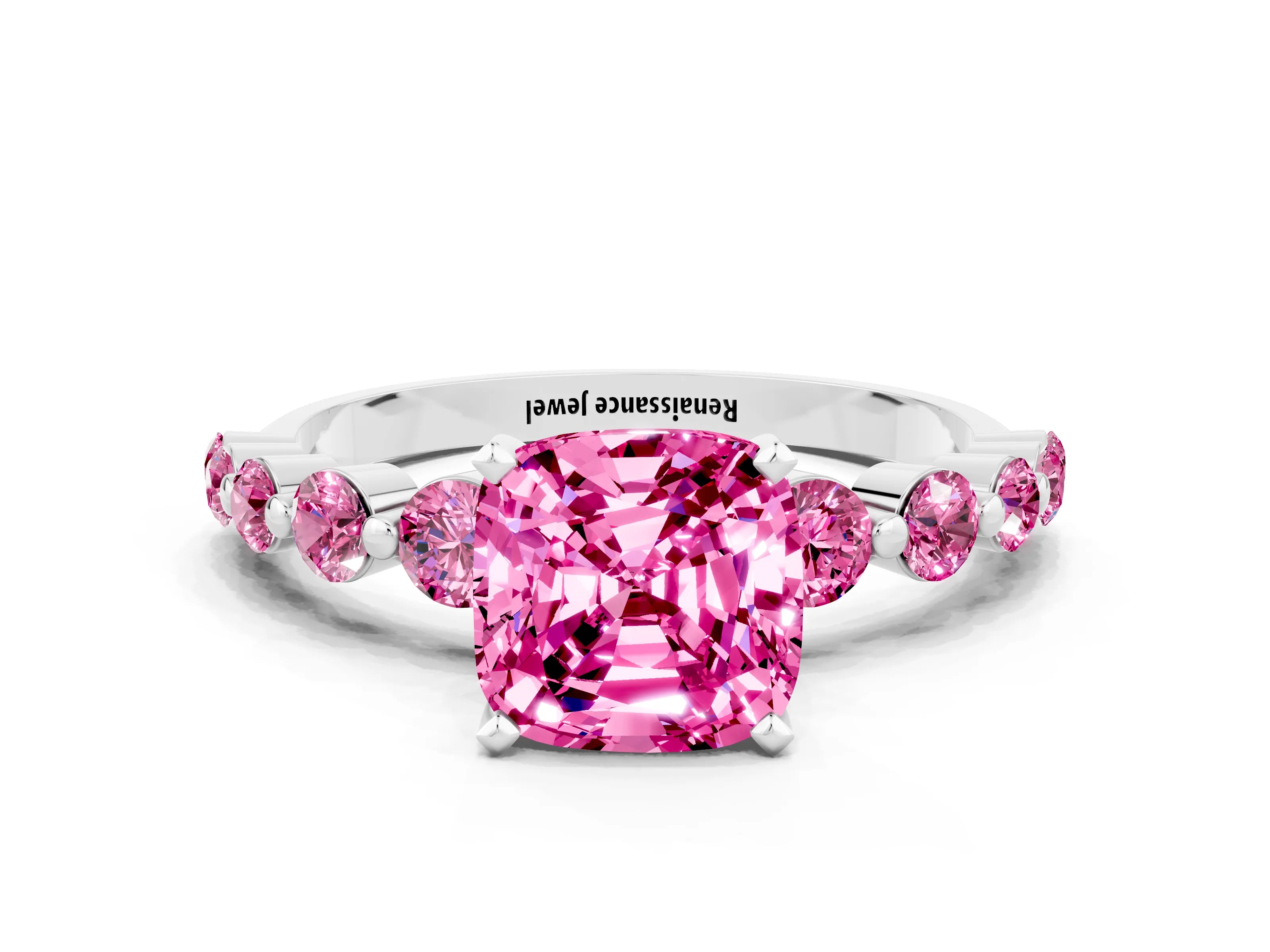 White gold Cushion Cut Solitaire Pink Sapphire Ring with Pave Band and Four-Prong Setting