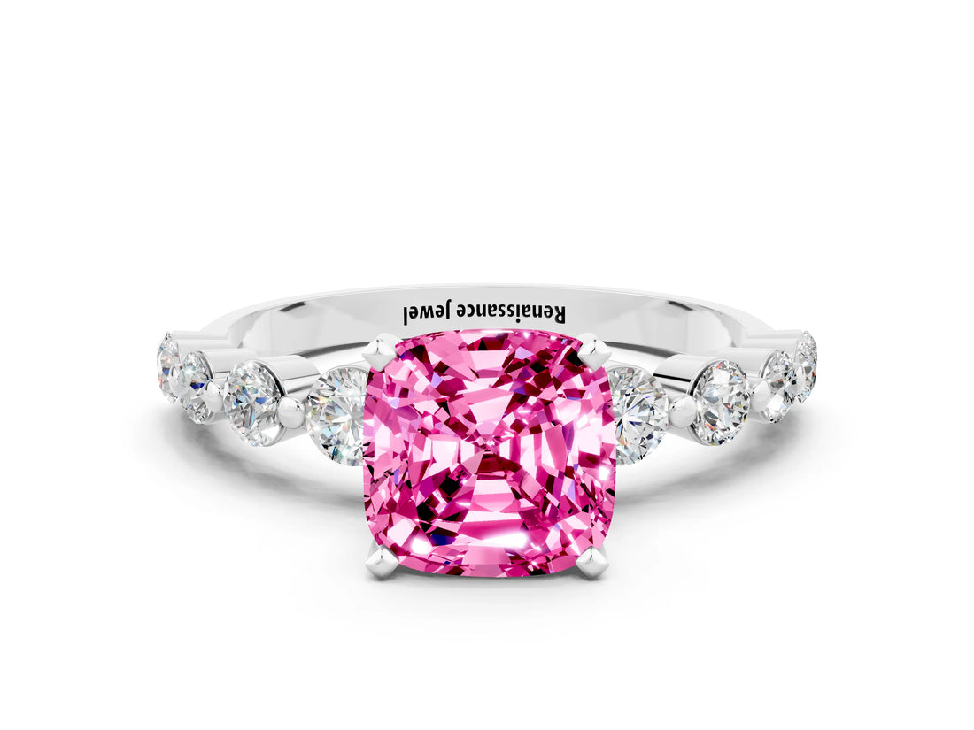 White gold Cushion Cut Solitaire Pink Sapphire Ring with Pave Band and Four-Prong Setting_24