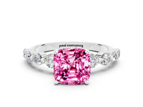 White gold Cushion Cut Solitaire Pink Sapphire Ring with Pave Band and Four-Prong Setting_24
