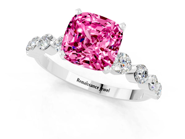 Platinum Cushion Cut Solitaire Pink Sapphire Ring with Pave Band and Four-Prong Setting