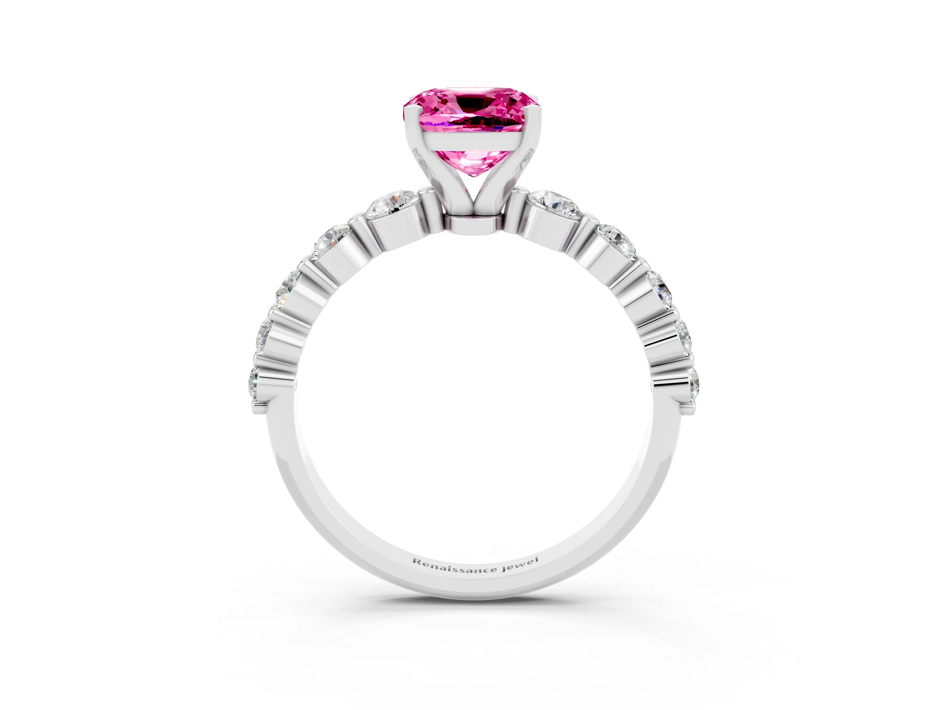 White gold Cushion Cut Solitaire Pink Sapphire Ring with Pave Band and Four-Prong Setting_27