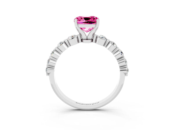 Silver Cushion Cut Solitaire Pink Sapphire Ring with Pave Band and Four-Prong Setting