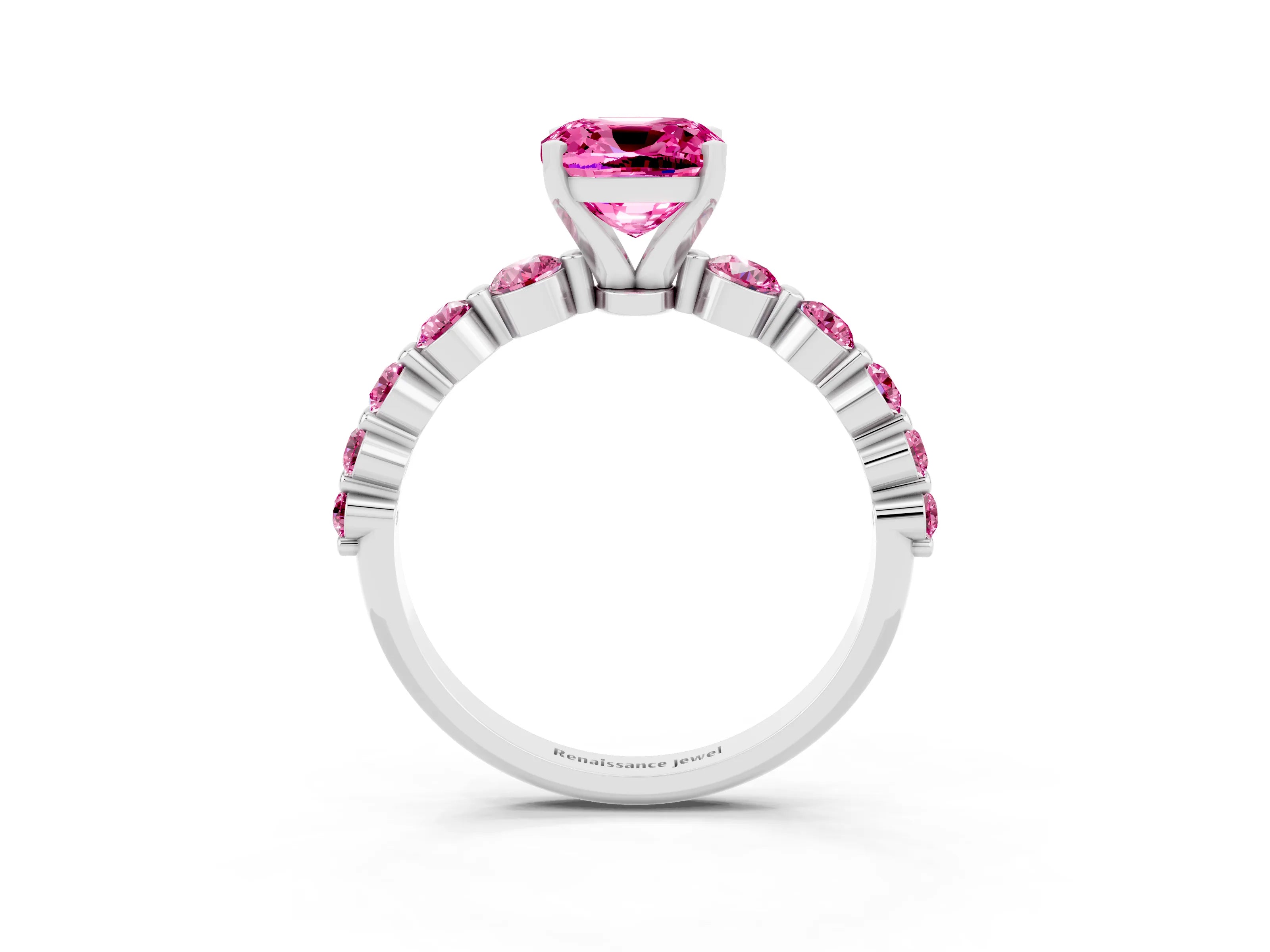 White gold Cushion Cut Solitaire Pink Sapphire Ring with Pave Band and Four-Prong Setting_3