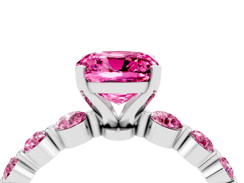 White gold Cushion Cut Solitaire Pink Sapphire Ring with Pave Band and Four-Prong Setting_4