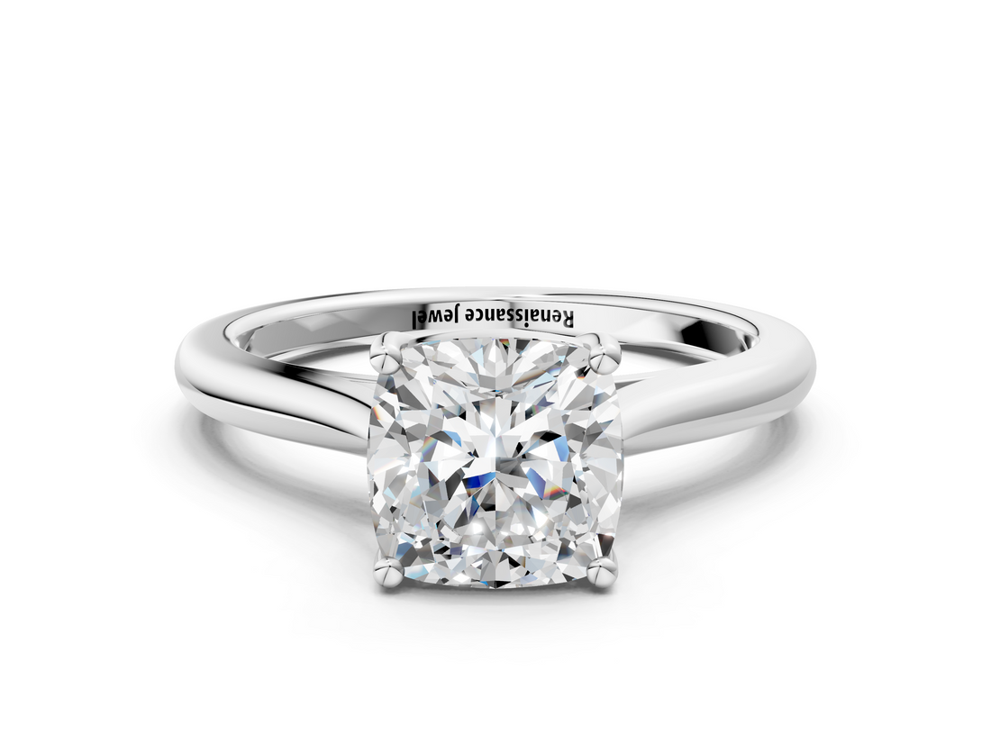 White gold Cushion Cut Solitaire Ring with Cathedral Band and Four-Prong Setting_111
