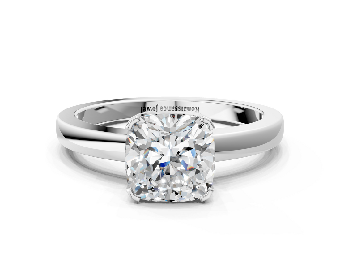 White gold Cushion Cut Solitaire Ring with Four-Prong Setting and Classic Band_70