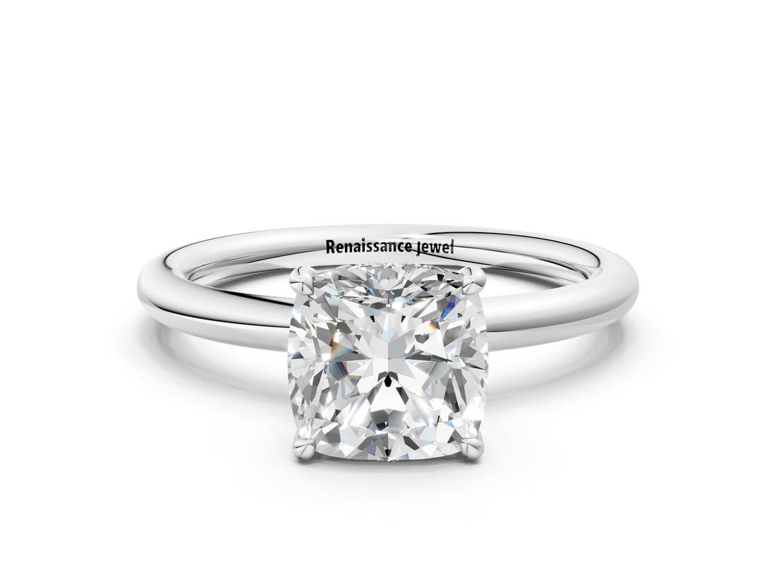 White gold Cushion Cut Solitaire Ring with Thin Band and Four-Prong Setting_49