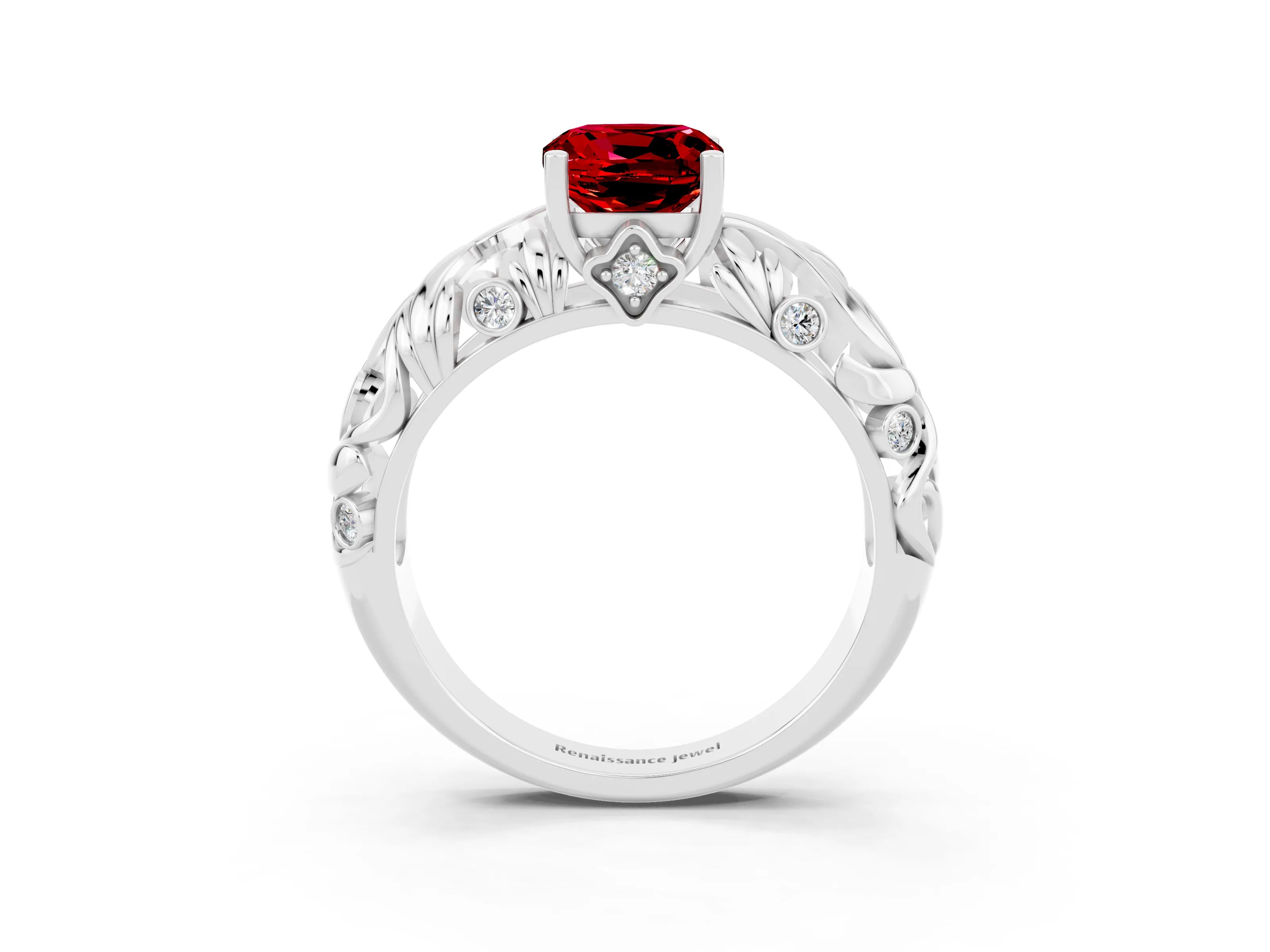 White gold Cushion Cut Solitaire Ruby Leaf-Inspired Vine Band Ring with Prong Setting_3