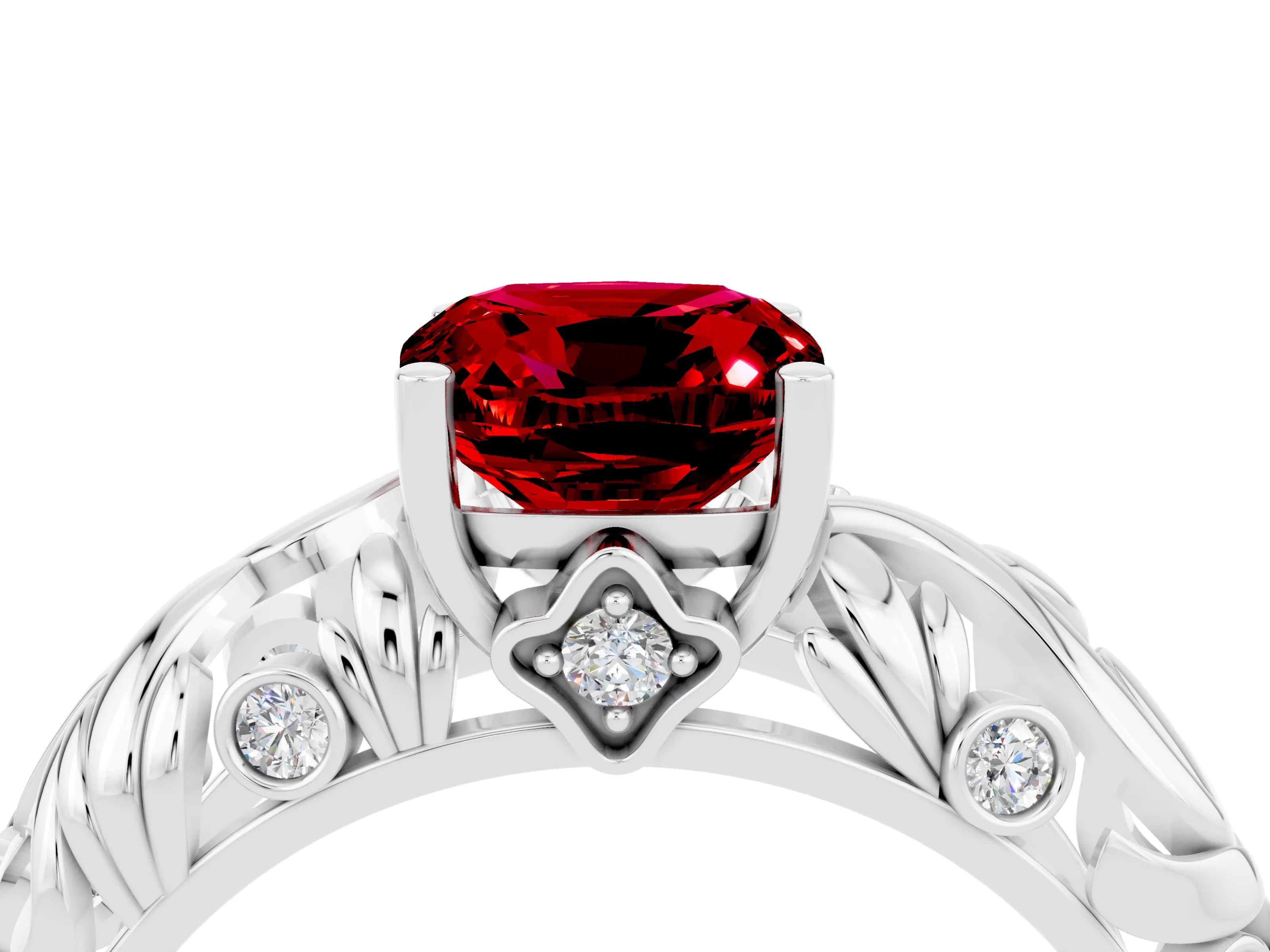 White gold Cushion Cut Solitaire Ruby Leaf-Inspired Vine Band Ring with Prong Setting_4
