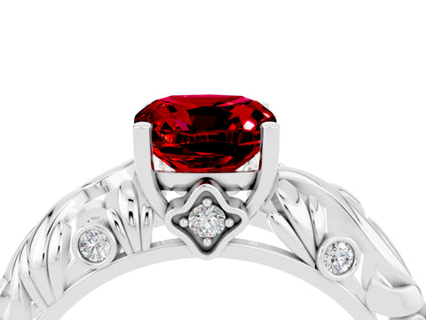 White gold Cushion Cut Solitaire Ruby Leaf-Inspired Vine Band Ring with Prong Setting_4