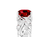 White gold Cushion Cut Solitaire Ruby Leaf-Inspired Vine Band Ring with Prong Setting_5