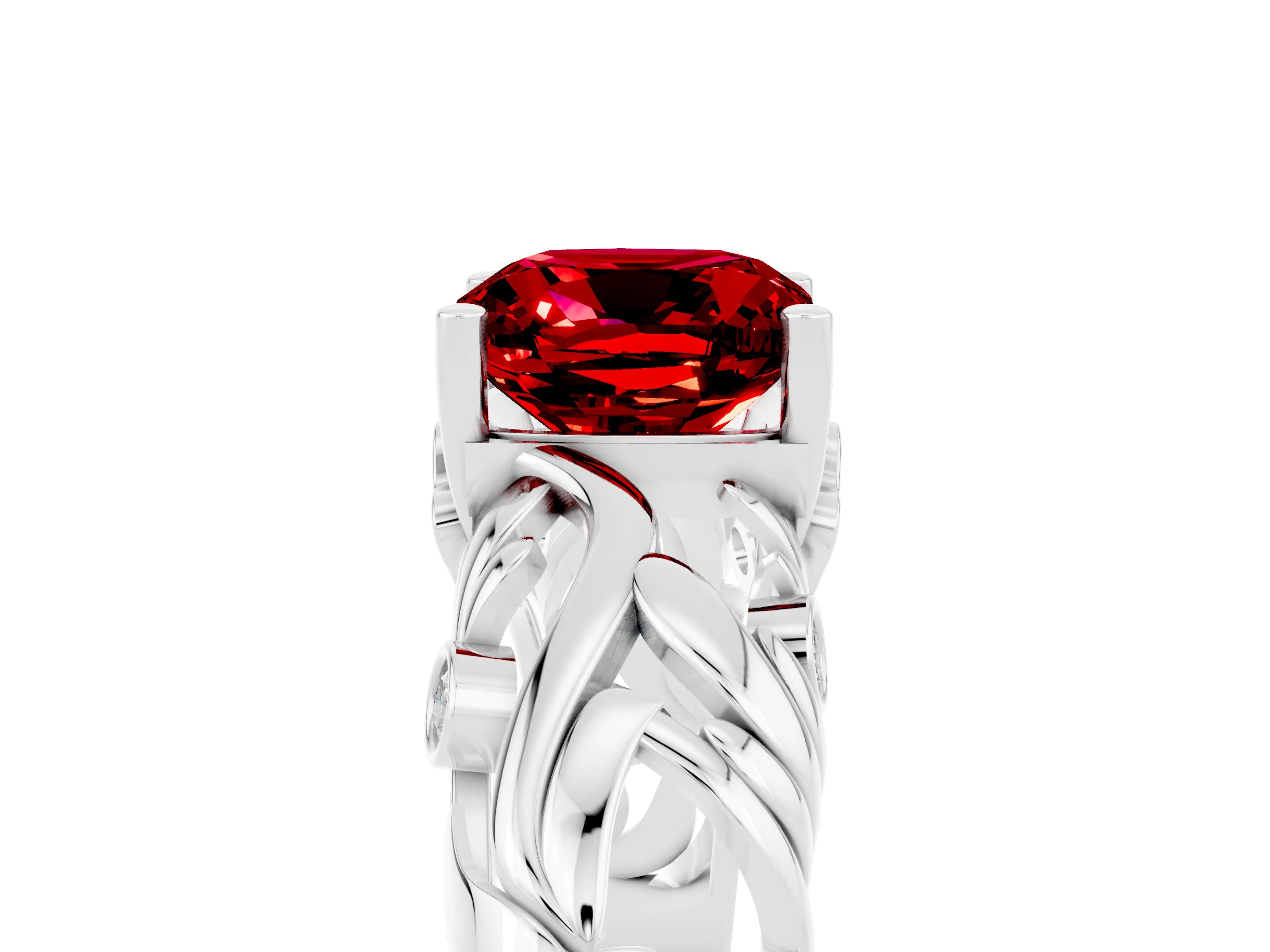 White gold Cushion Cut Solitaire Ruby Leaf-Inspired Vine Band Ring with Prong Setting_5
