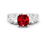 White gold Cushion Cut Solitaire Ruby Leaf-Inspired Vine Band Ring with Prong Setting