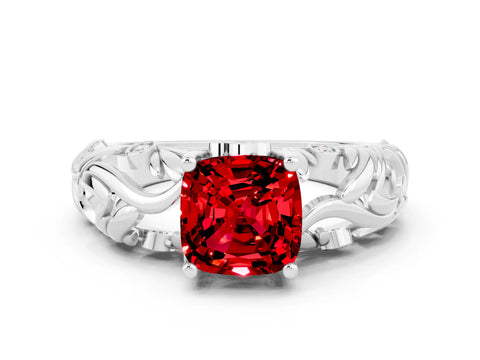 White gold Cushion Cut Solitaire Ruby Leaf-Inspired Vine Band Ring with Prong Setting
