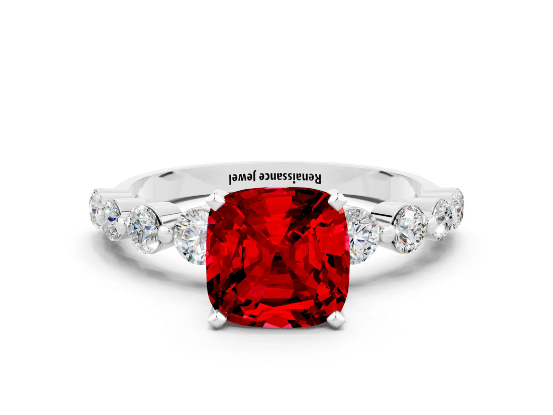 White gold Cushion Cut Solitaire Ruby Ring with Pave Band and Four-Prong Setting