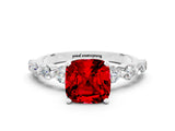 White gold Cushion Cut Solitaire Ruby Ring with Pave Band and Four-Prong Setting
