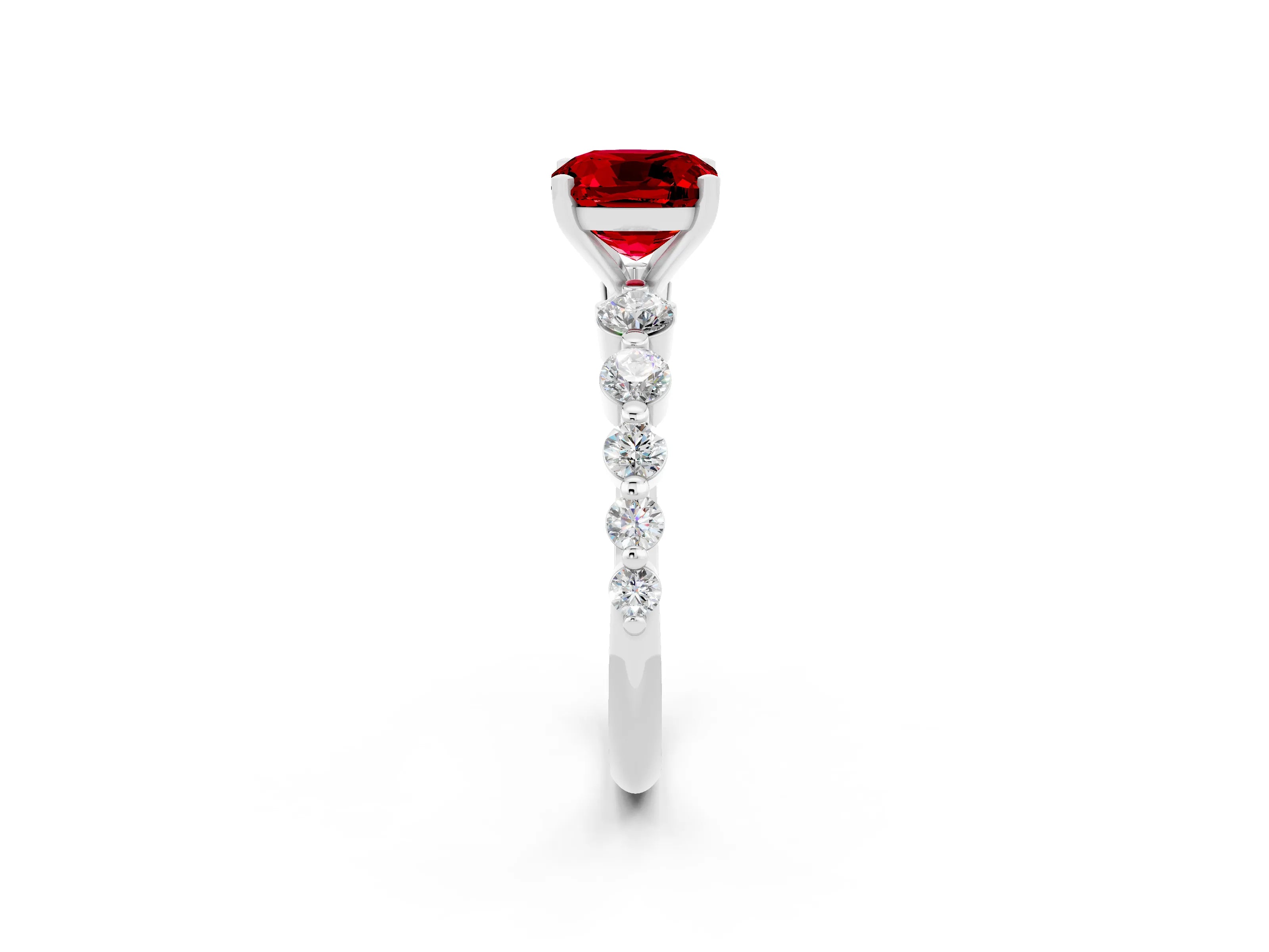 White gold Cushion Cut Solitaire Ruby Ring with Pave Band and Four-Prong Setting_2