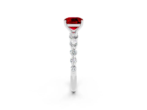 White gold Cushion Cut Solitaire Ruby Ring with Pave Band and Four-Prong Setting_2