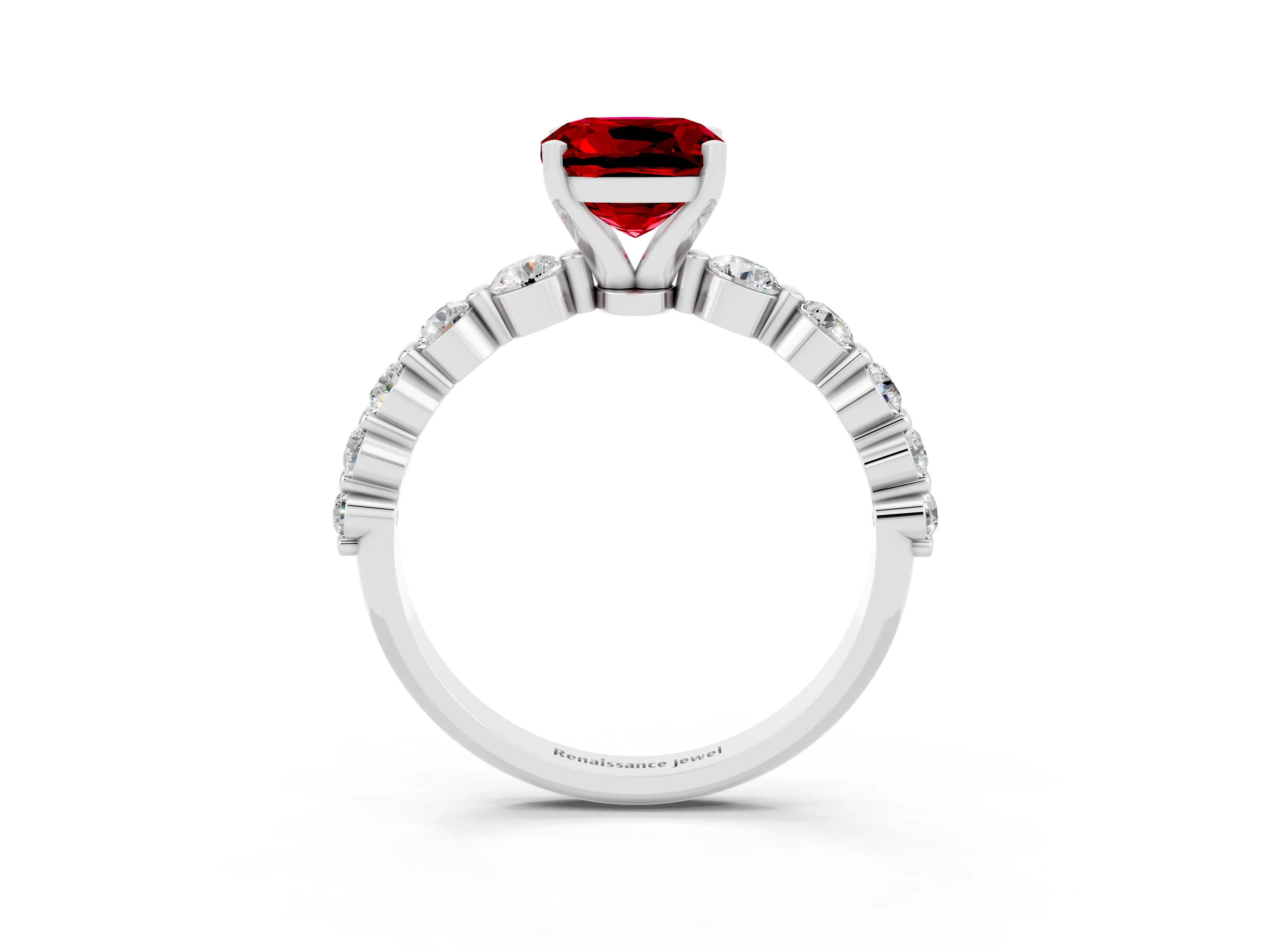 White gold Cushion Cut Solitaire Ruby Ring with Pave Band and Four-Prong Setting_3