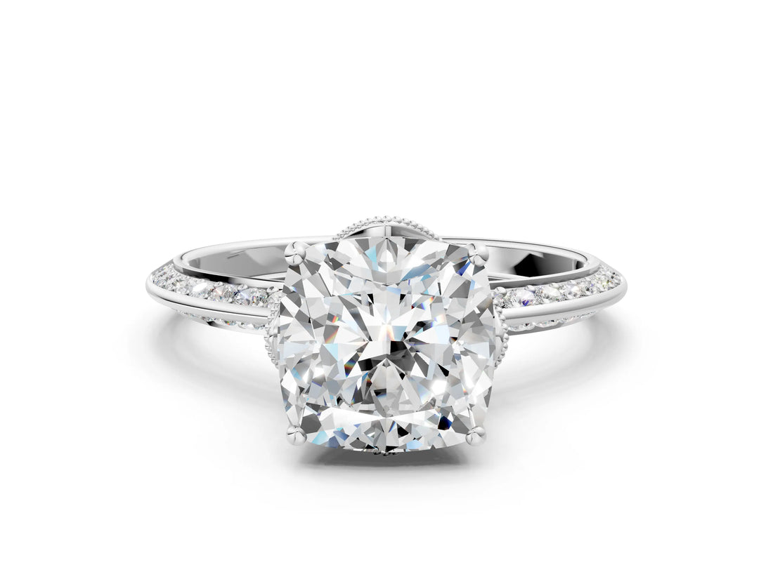 White gold Cushion Cut Solitaire Split Shank Pave Diamond Engagement Ring with Four-Prong Setting_13