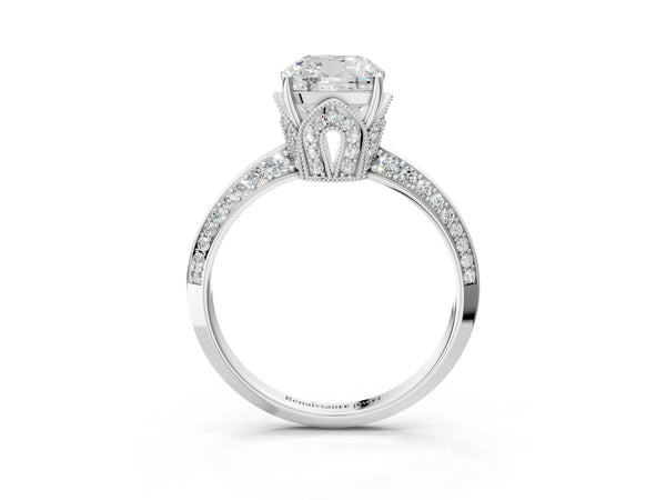 White Gold Cushion Cut Graduated Pave Engagement Ring Setting
