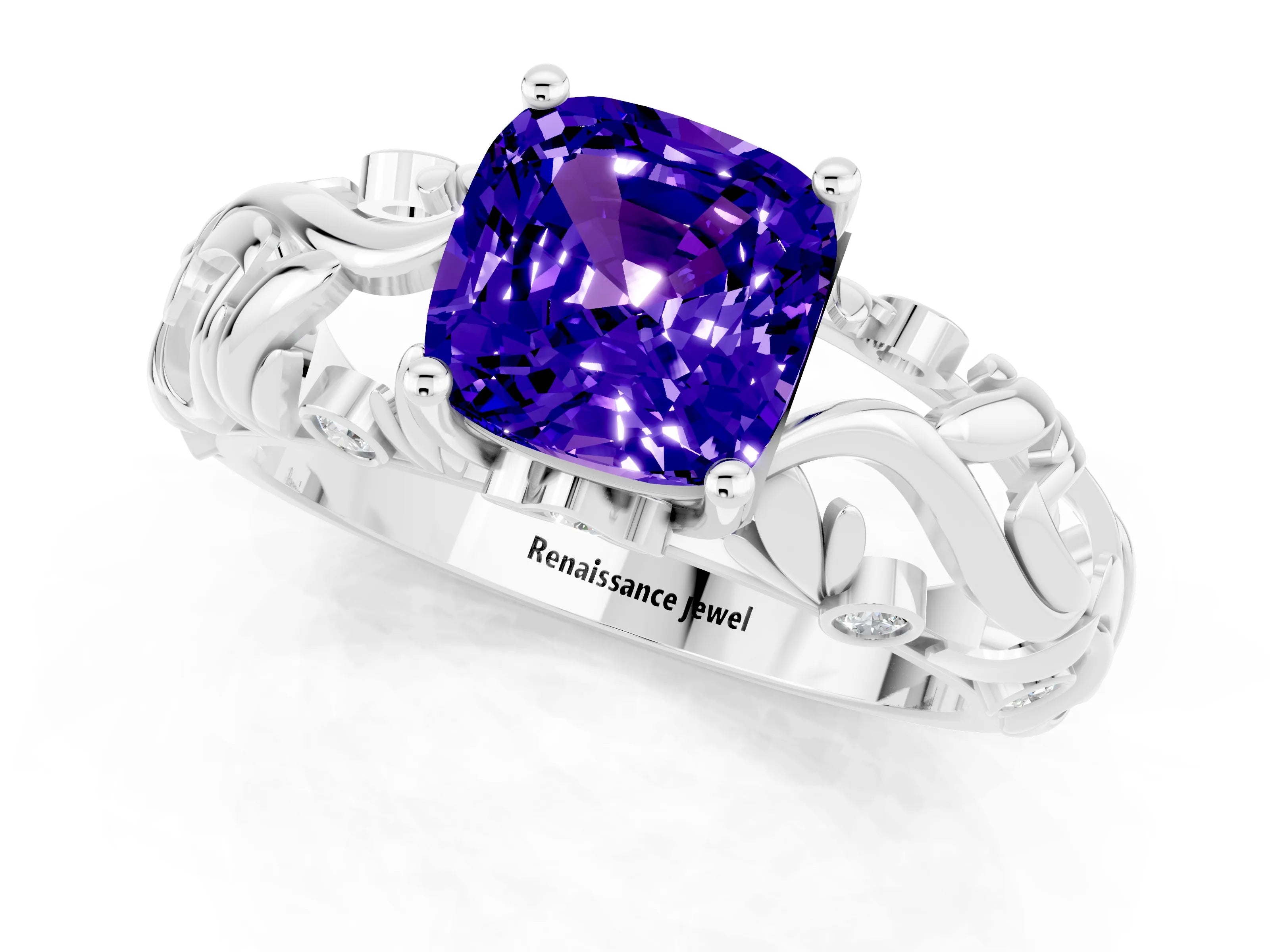 White gold Cushion Cut Solitaire Tanzanite Leaf-Inspired Vine Band Ring with Prong Setting_1